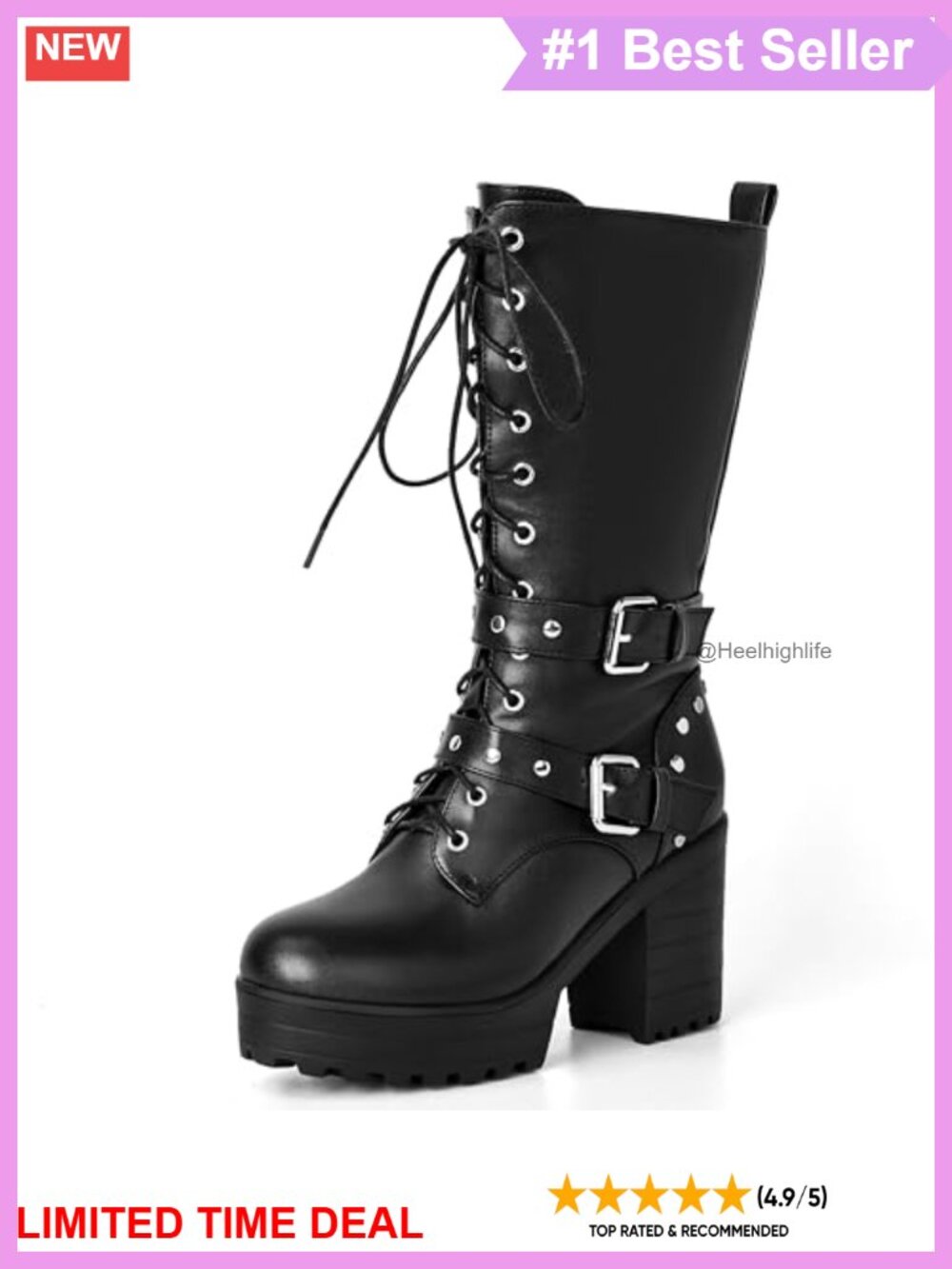 Mid Calf Combat Boots Chunky Platform Side Zip Round Toe Women